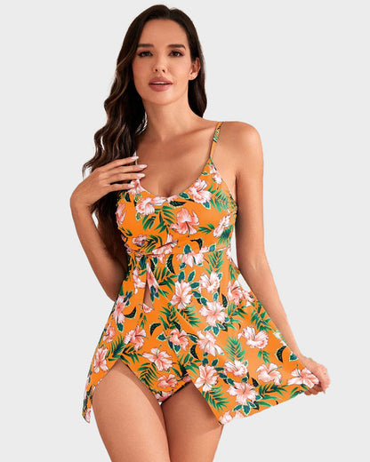 Tummy Control V Neck Twist Knot Tropical Skirted Swimdress