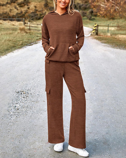 2-Piece Knit Hoodie & Wide Leg Pants Outfit