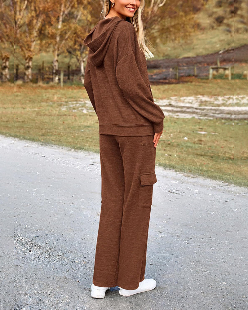 2-Piece Knit Hoodie & Wide Leg Pants Outfit