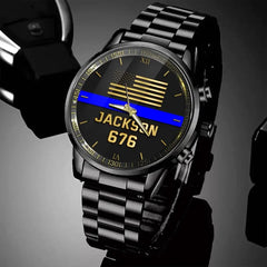 Personalized US Police Thin Blue Line Custom Name & ID Watch Printed