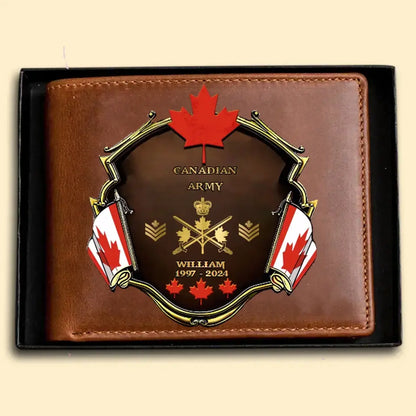 Personalized Canadian Army Veteran Rank Gold Custom Name & Time Leather Wallet
