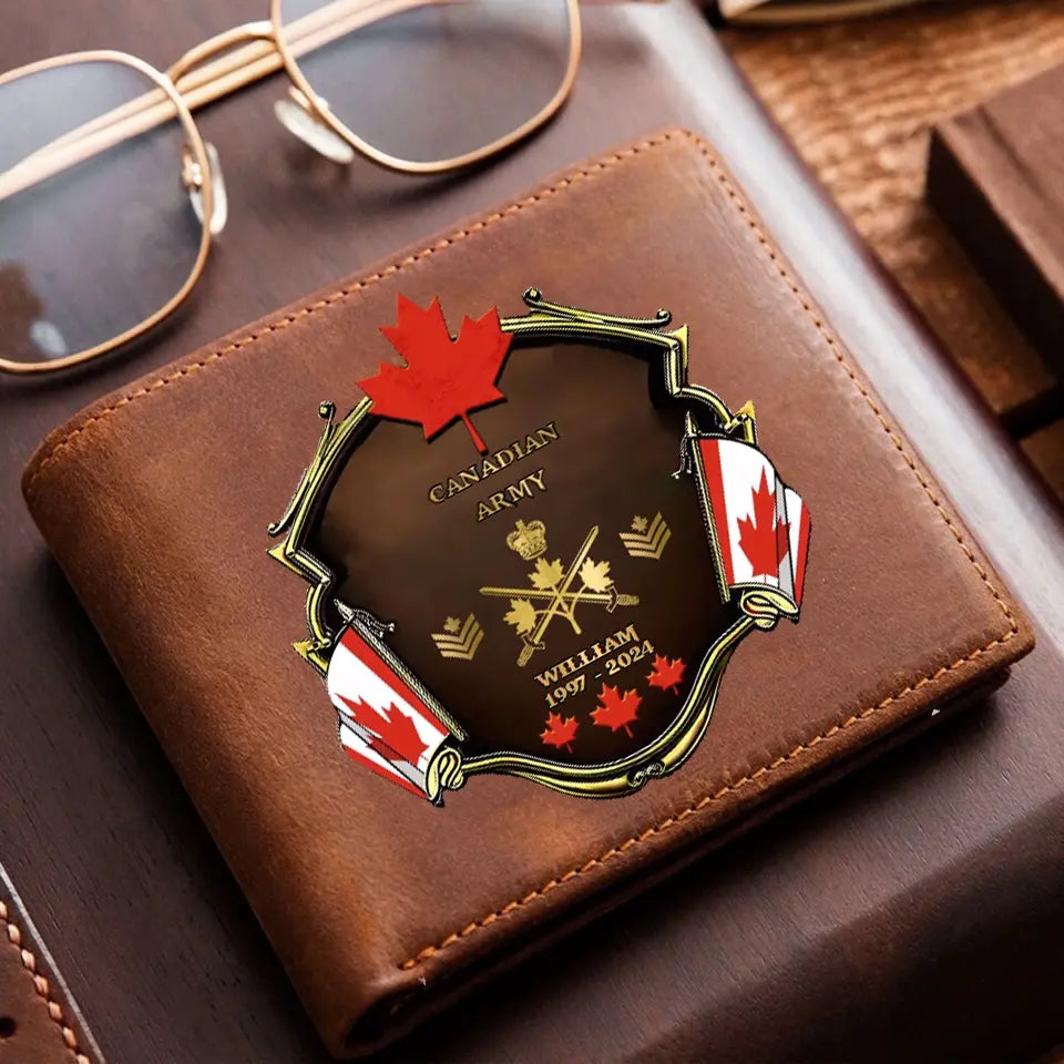 Personalized Canadian Army Veteran Rank Gold Custom Name & Time Leather Wallet