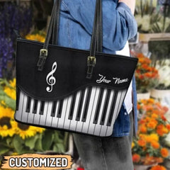 Personalized Piano Keyboard Leather Tote Bag with Custom Name - Perfect Gift for Music Lovers