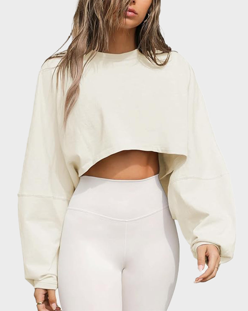 Athletic Cropped Long Sleeve Pullover with Oversized Sleeves