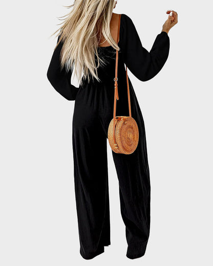 Casual Square Neck Wide-Leg Jumpsuit