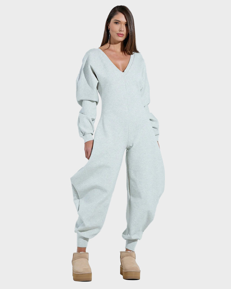 Cozy Deep V Sweatshirt Jumpsuit