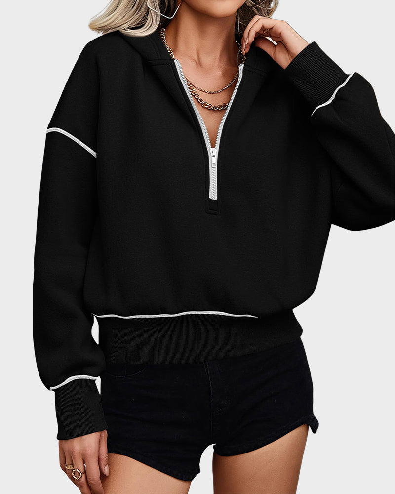 Cropped Half-Zip Hoodie with Contrast Stitching
