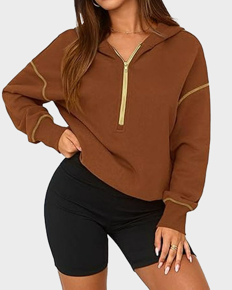 Cropped Half-Zip Hoodie with Contrast Stitching