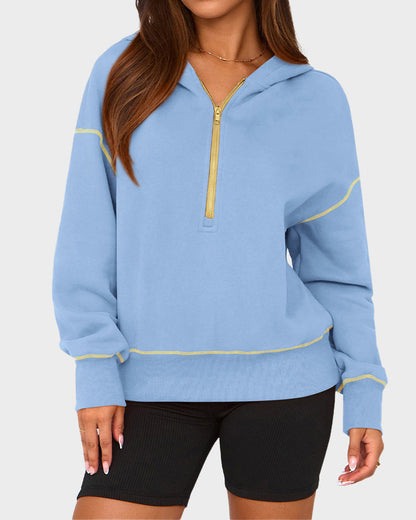 Cropped Half-Zip Hoodie with Contrast Stitching