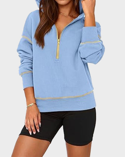Cropped Half-Zip Hoodie with Contrast Stitching