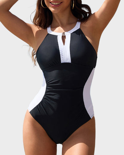 Full Coverage Retro Color Block Swimwear