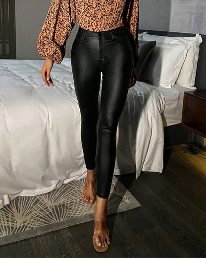 High-Waist PU Leather Skinny Pants