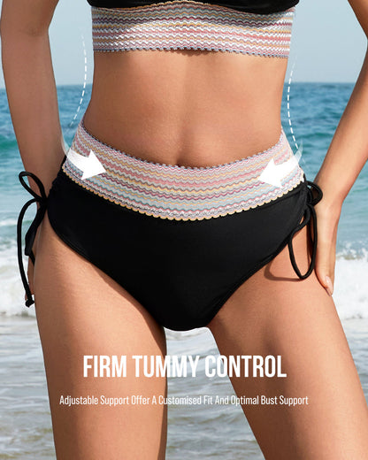High Waisted Tummy Control Color Block Bikini Sets