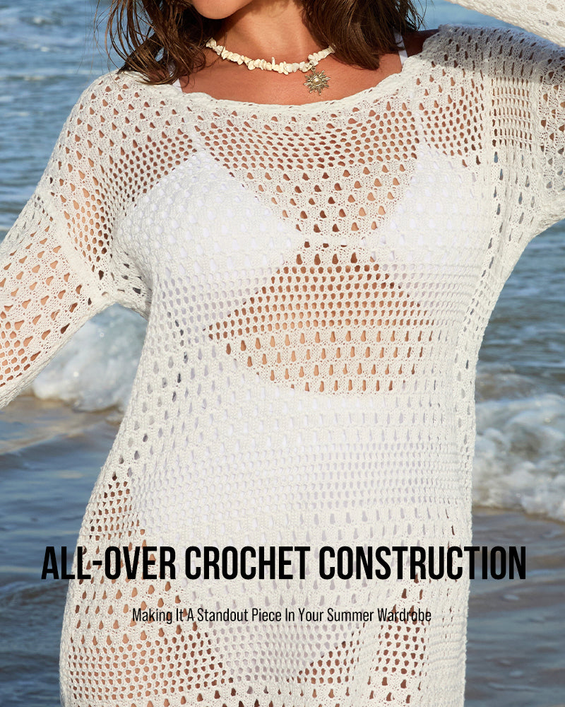 Long Sleeve Crochet Swim Cover Up Beach Dress