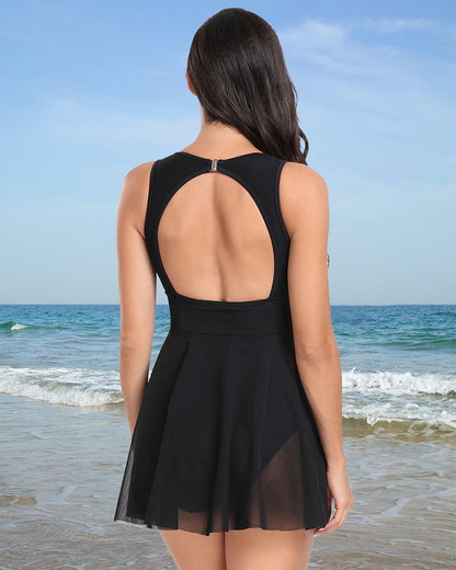 Mesh Skirt One-Piece Swimsuit with Built-In Bikini Bottom