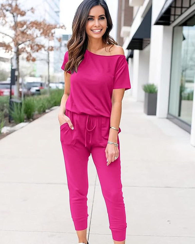 Off-Shoulder Short Sleeve Beam Foot Jumpsuit