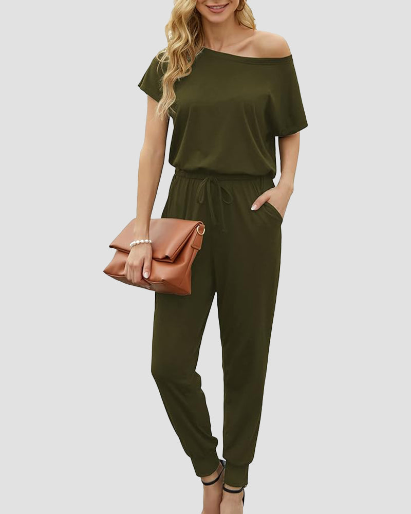 Off-Shoulder Short Sleeve Beam Foot Jumpsuit