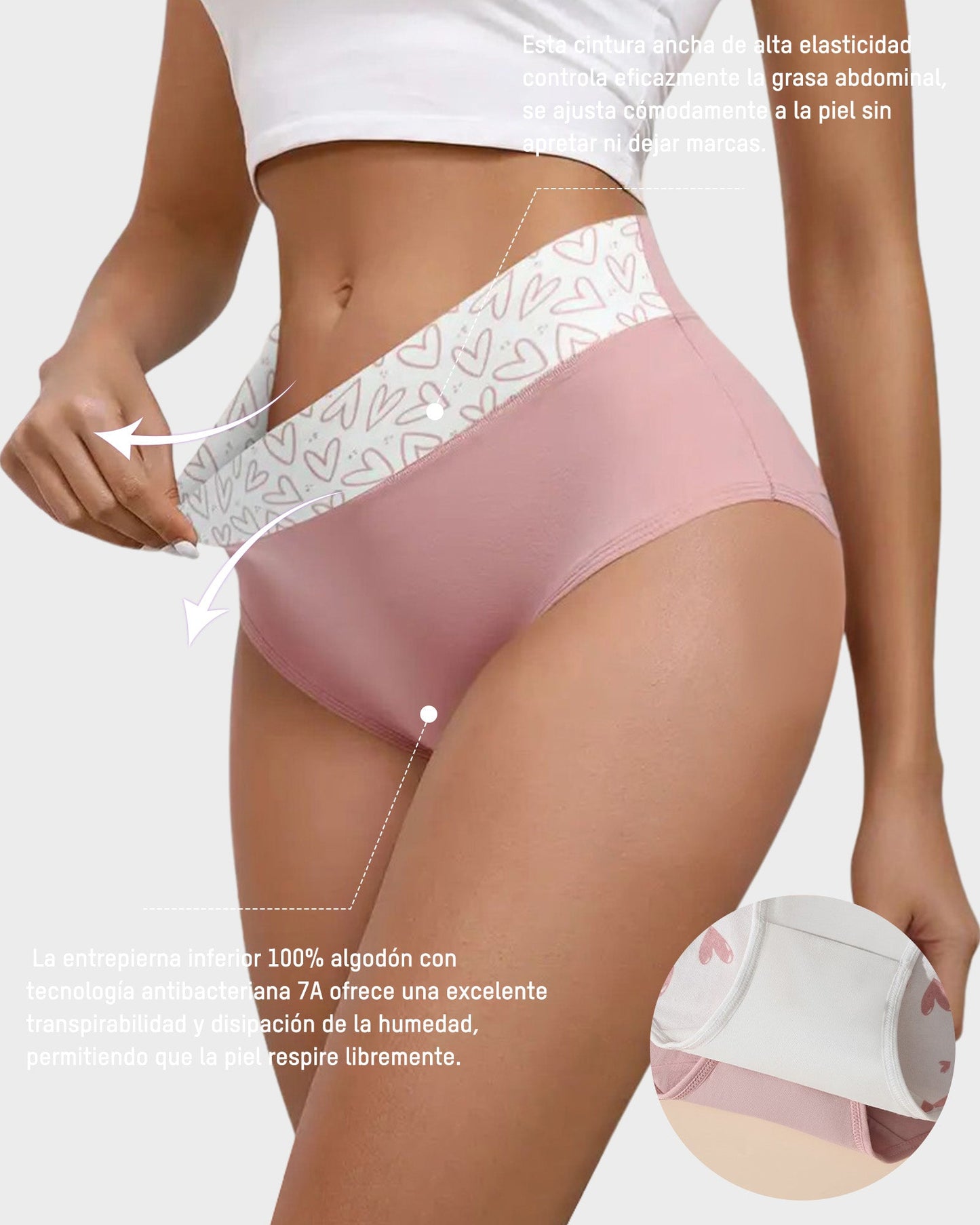 Panties de Algodón Suave con Estampado de Corazones y Cintura Alta(Paquete de 6)