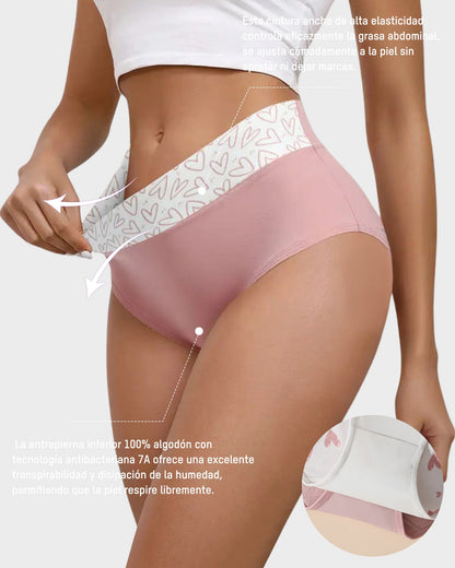 Panties de Algodón Suave con Estampado de Corazones y Cintura Alta(Paquete de 6)