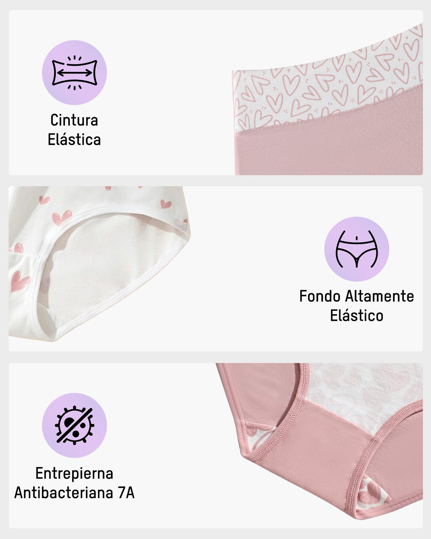 Panties de Algodón Suave con Estampado de Corazones y Cintura Alta(Paquete de 6)