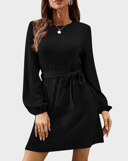 Ribbed Knit Tie-Waist Lantern Sleeve Dress