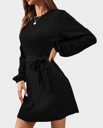 Ribbed Knit Tie-Waist Lantern Sleeve Dress