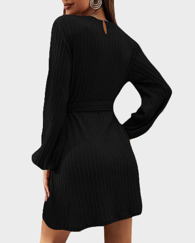 Ribbed Knit Tie-Waist Lantern Sleeve Dress