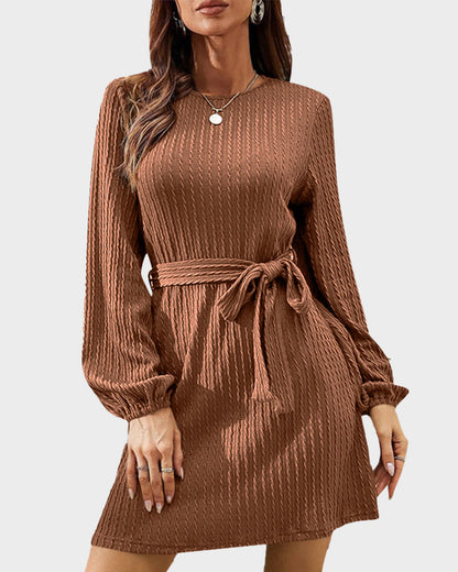 Ribbed Knit Tie-Waist Lantern Sleeve Dress