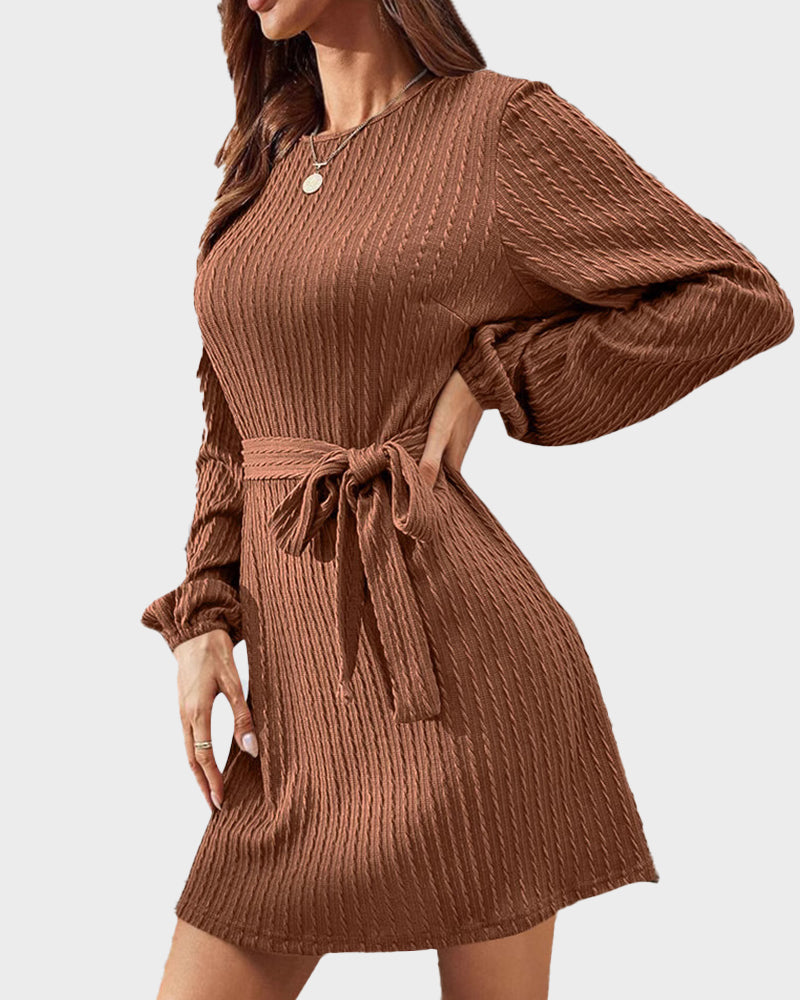 Ribbed Knit Tie-Waist Lantern Sleeve Dress