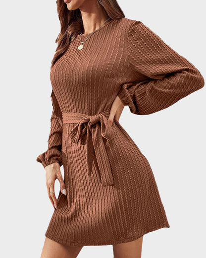 Ribbed Knit Tie-Waist Lantern Sleeve Dress