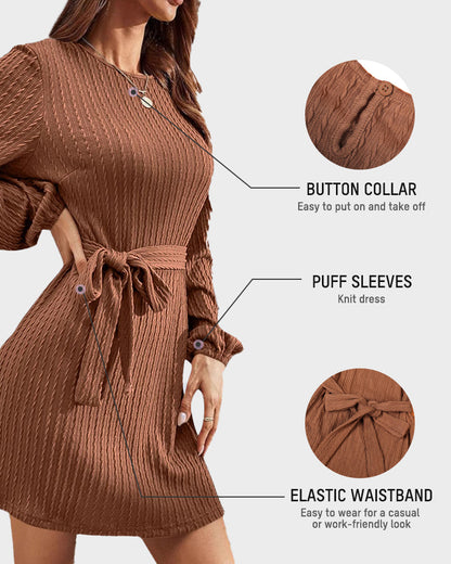 Ribbed Knit Tie-Waist Lantern Sleeve Dress