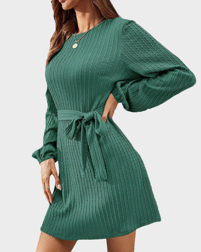 Ribbed Knit Tie-Waist Lantern Sleeve Dress
