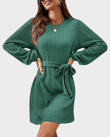 Ribbed Knit Tie-Waist Lantern Sleeve Dress