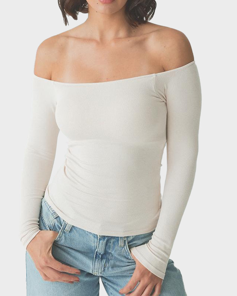 Ribbed Off-Shoulder Top with Built-In Bra