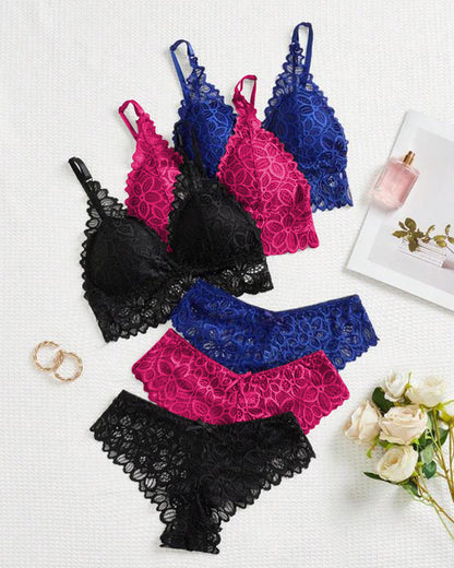 Conjuntos de Encaje Romántico con Bra Triangular y Panty(Paquete de 3)