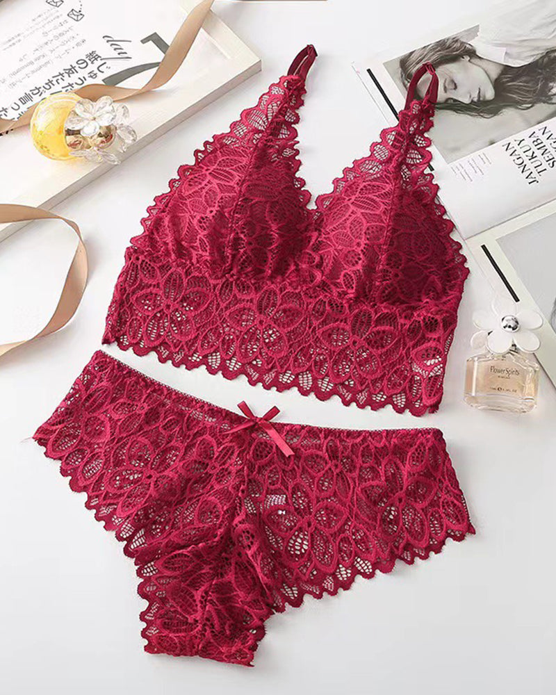 Conjuntos de Encaje Romántico con Bra Triangular y Panty(Paquete de 3)
