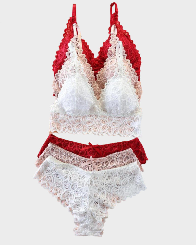 Conjuntos de Encaje Romántico con Bra Triangular y Panty(Paquete de 3)