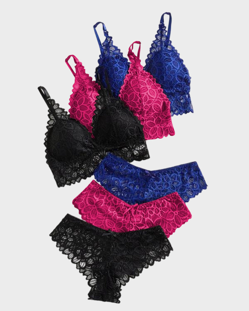 Conjuntos de Encaje Romántico con Bra Triangular y Panty(Paquete de 3)