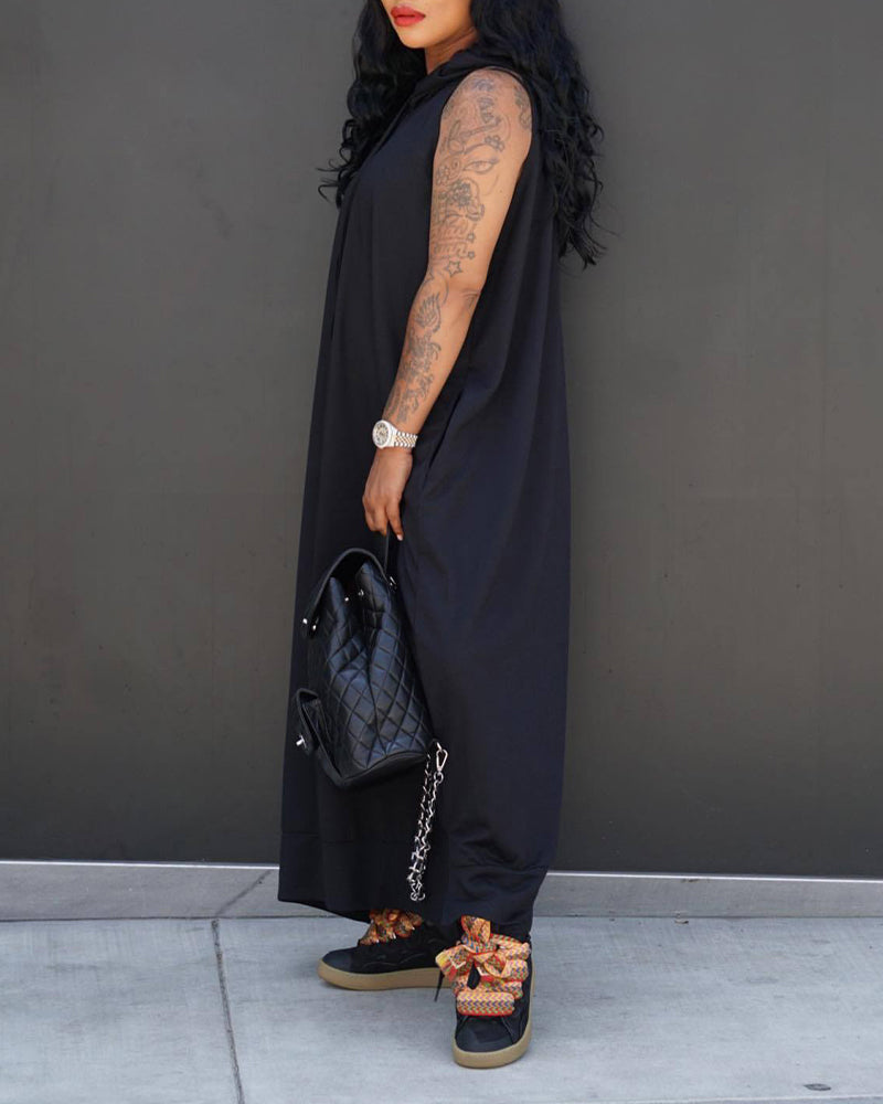 Sleeveless Hoodie Maxi Dress with Pockets
