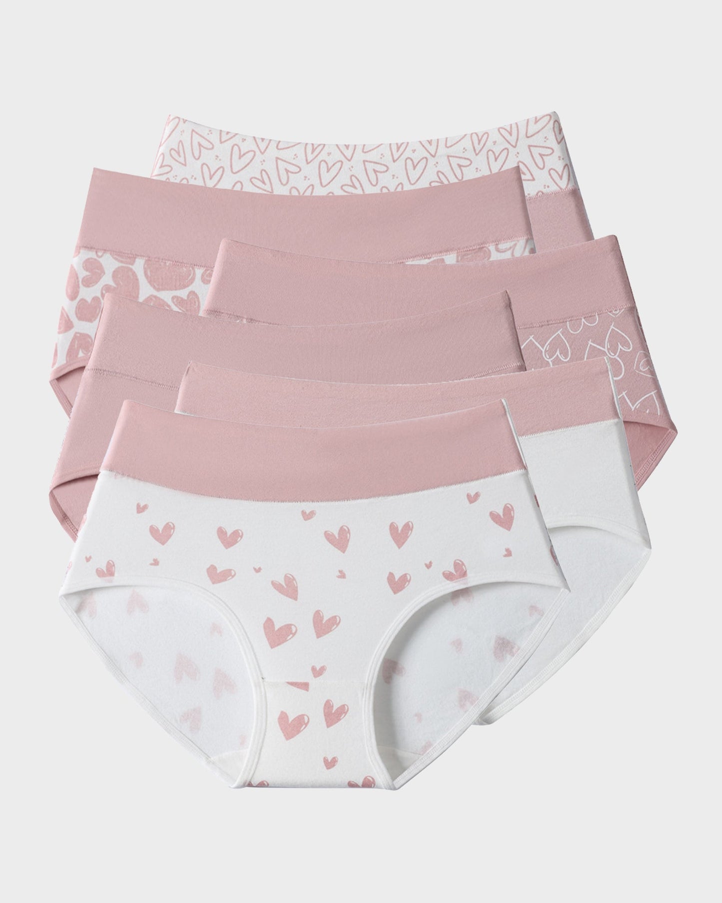 Panties de Algodón Suave con Estampado de Corazones y Cintura Alta(Paquete de 6)