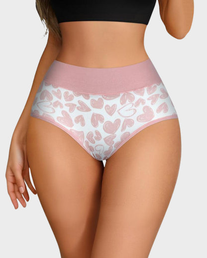 Panties de Algodón Suave con Estampado de Corazones y Cintura Alta(Paquete de 6)
