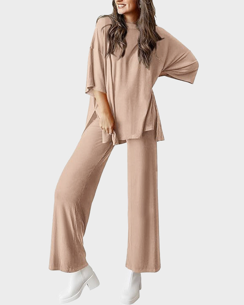 Split Hem Wide Leg Pants 2-Piece Casual Set
