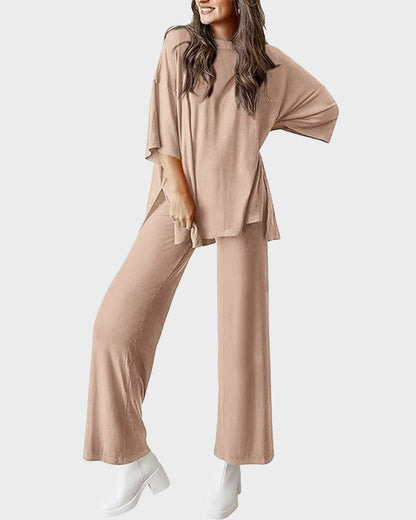 Split Hem Wide Leg Pants 2-Piece Casual Set