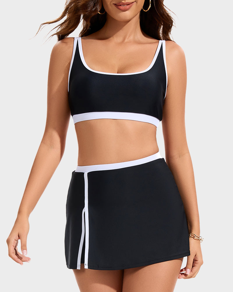 Sporty Color Block Side Slit Skirted Bikini Set