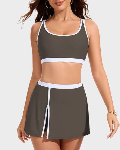 Sporty Color Block Side Slit Skirted Bikini Set