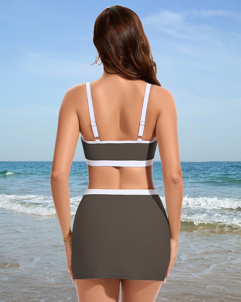 Sporty Color Block Side Slit Skirted Bikini Set