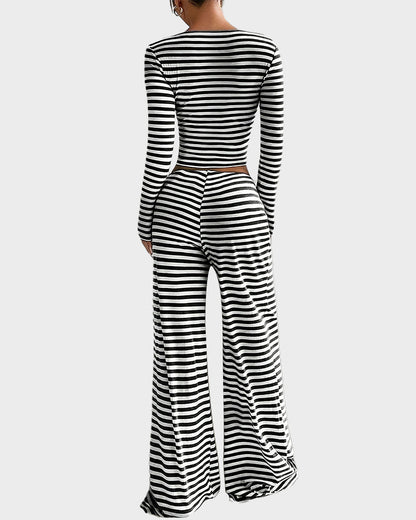 Stripe Crop Top & Wide Leg Two-Piece Lounge Set