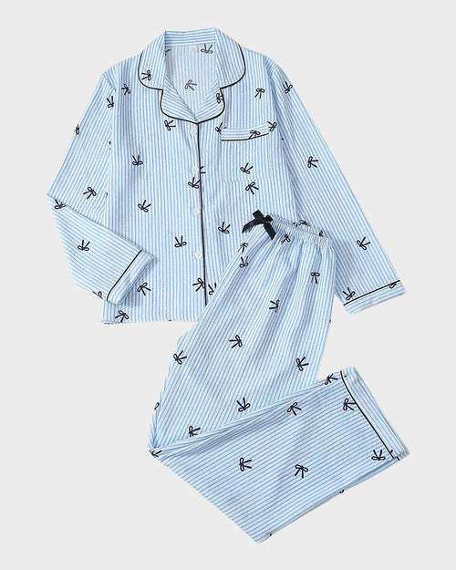 Striped Bow Print Long Sleeve Pajama Set