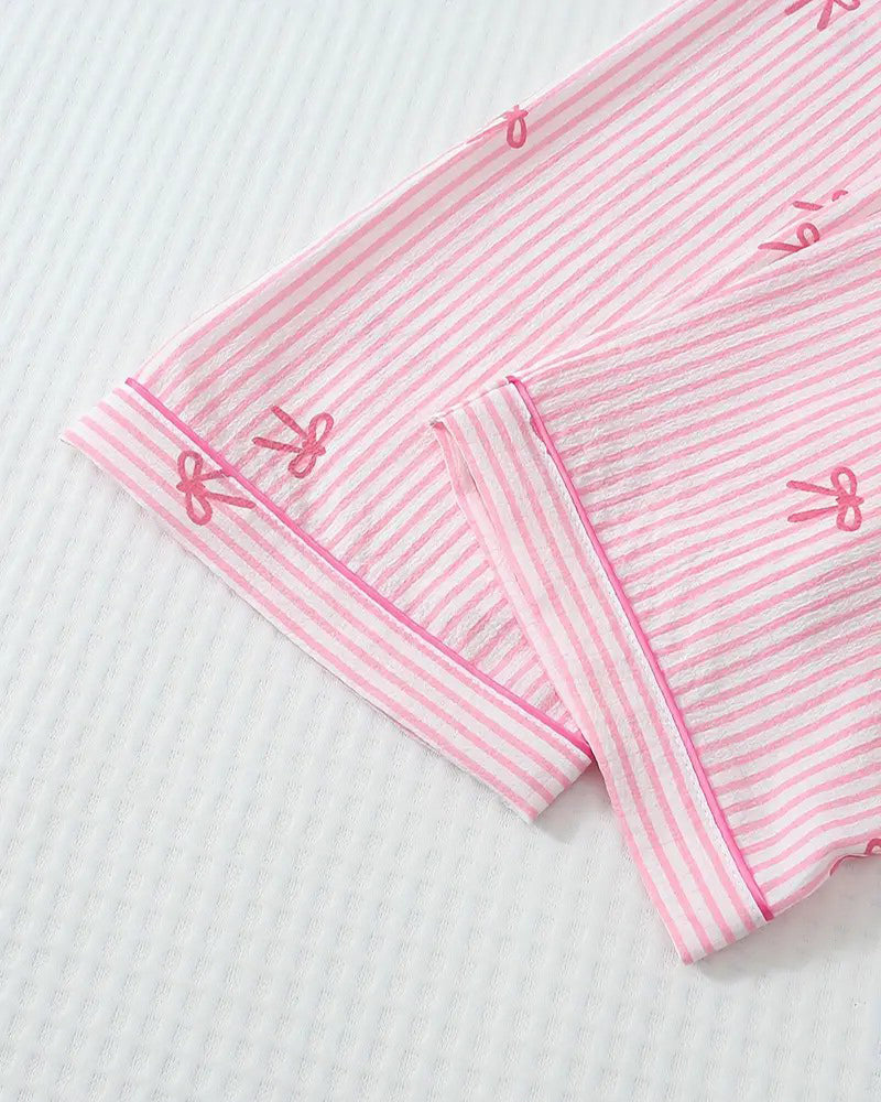 Striped Bow Print Long Sleeve Pajama Set