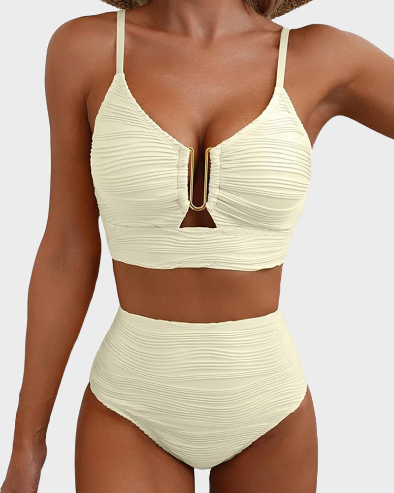 Textured U-Wire Cutout High Waisted Bikini Set
